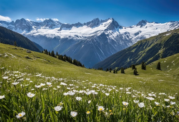 An alpine meadow with snowcapped mountains in the distance