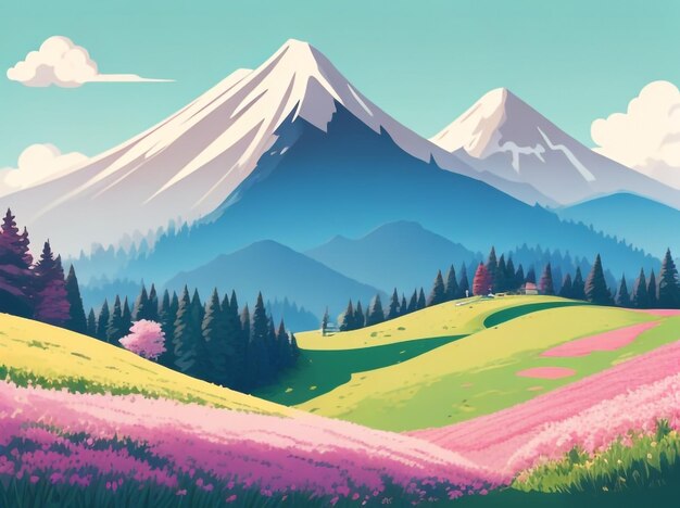 Alpine Meadows in Mountain Landscape Captivating Raster Illustration