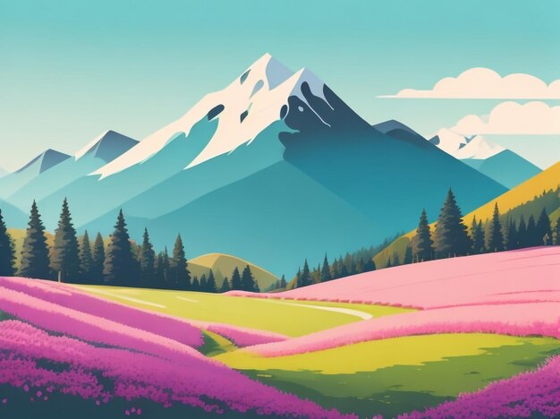 Alpine Meadows in Mountain Landscape Captivating Raster Illustration