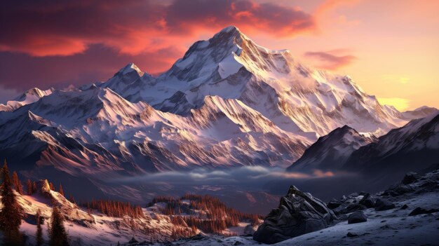 An alpine mountain chain at sunset the sky painted in hues of pink and orange the snowcapped peak