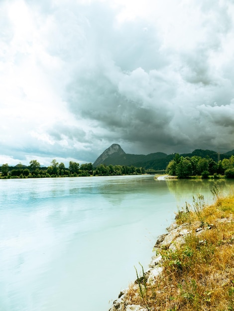 Alpine mountains inn river traveling in bavaria