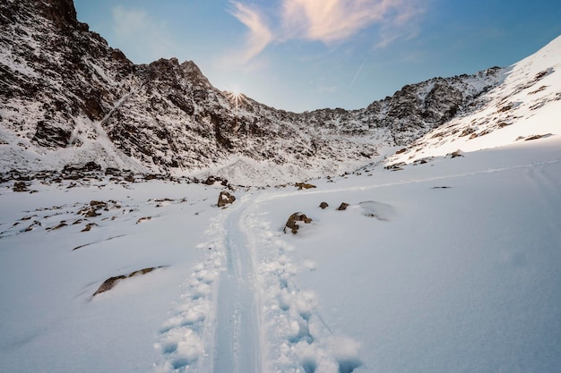 Alpine mountains landscape with white snow and blue sky frosty\
trees under warm sunlight wonderful winter landscape adventure\
winter sport high tatras slovakia landscape