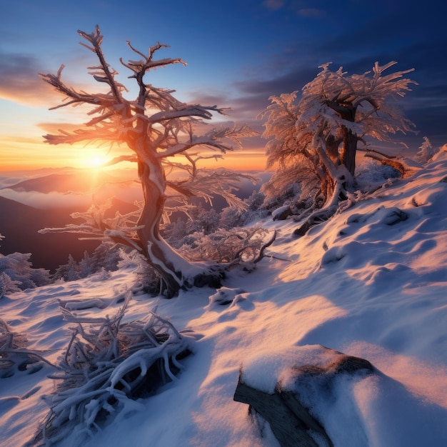 Alpine mountains landscape with white snow and blue sky Sunset winter in nature Frosty trees under warm sunlight Generative ai