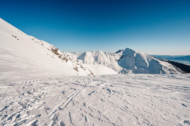 白い雪と青い空とアルプスの山々 の風景 自然の中で日没の冬 暖かい日差しの下で凍るような木々 素晴らしい冬の風景