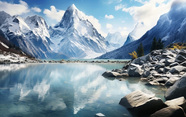 Альпийское райское озеро и заснеженные горы