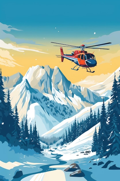 Photo an alpine rescue helicopter flew in snowy mountains illustration generative ai