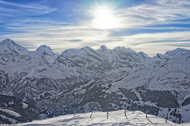 Alpine ridge in swiss jungfrau region at sunset