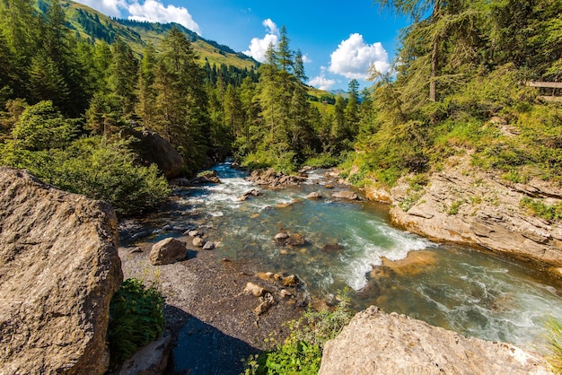 スイスのアルプスの川 スイスアルプスの自然風景 夏の風景