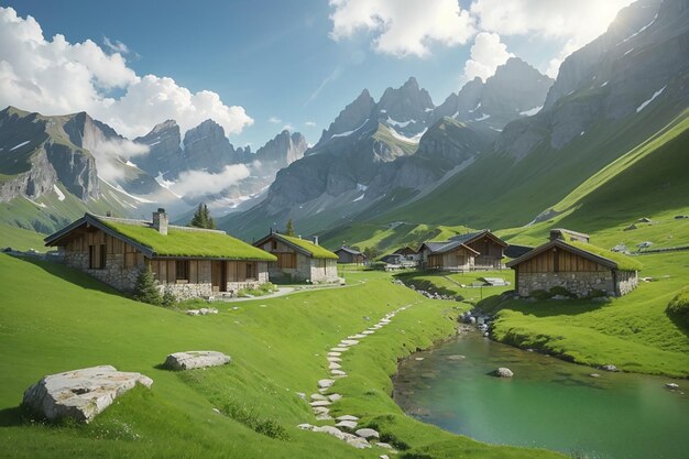 Photo alpine stone huts in amazing green scenery