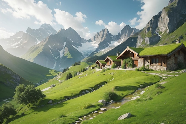 Photo alpine stone huts in amazing green scenery