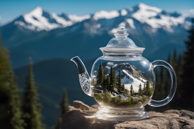 alpine tea concept transparent teapot with mountains inside on a mountain landscape