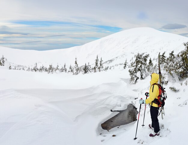 Alpine touring skier in winter mountains. Carpathians, Ukraine.