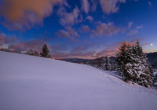 Фото Альпийская деревня на окраине в прошлый вечер закат солнца зимние заснеженные холмы и ель