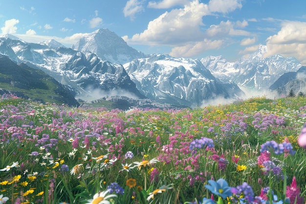 Alpine weide bedekt met kleurrijke wilde bloemen oc