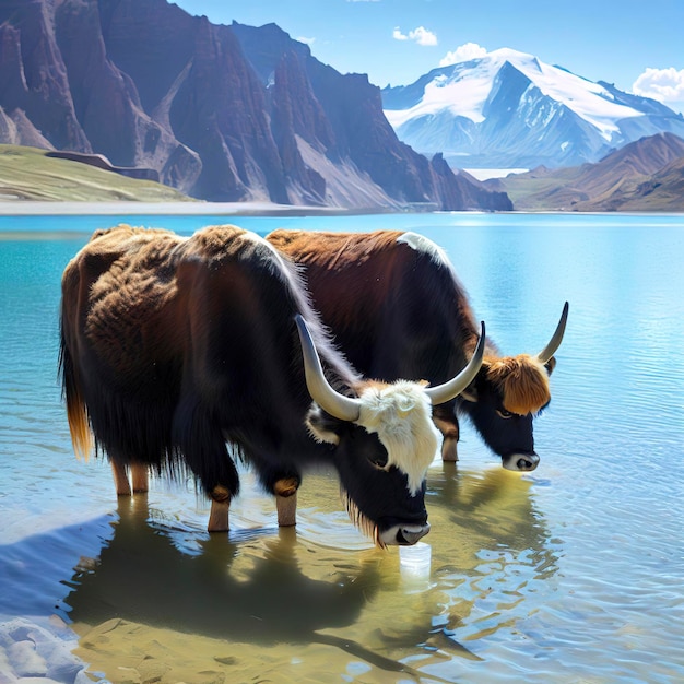 Alpine yaks drinken water in het Baisha-meer van het Bulunkou-reservoir in het zuiden van Xinjiang