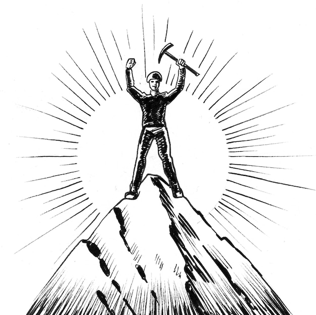 Alpinist van bergtop. Inkt zwart-wit tekening