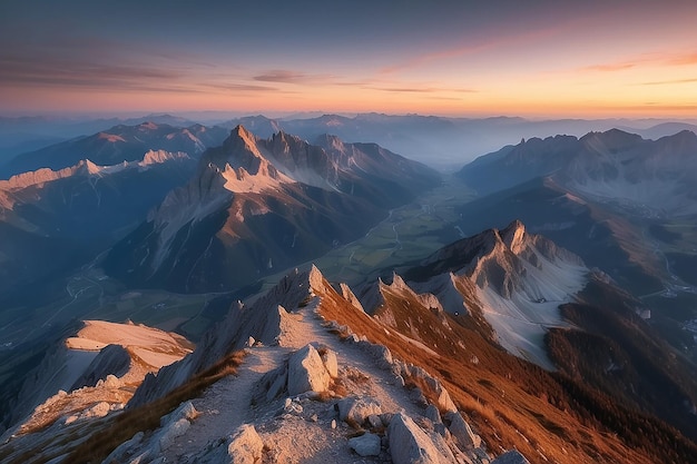 Photo the alps in autumn sunset from the summit of rocky mountain peaks and ridges