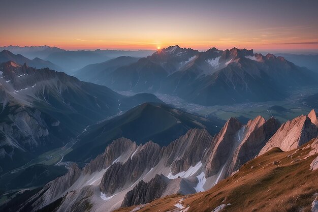 Photo the alps in autumn sunset from the summit of rocky mountain peaks and ridges