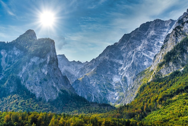 Alps mountains covered with forest Koenigssee Konigsee Berchtesgaden National Park Bavaria Germany