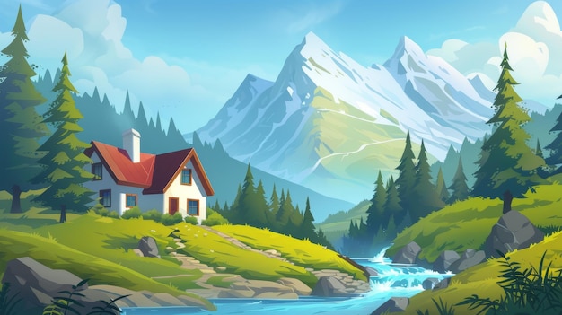 Photo alps village nature on sunny day panoramic fairy tale game illustration with house in forest near mountain river summer season alps village nature on sunny day panoramic fairy tale game