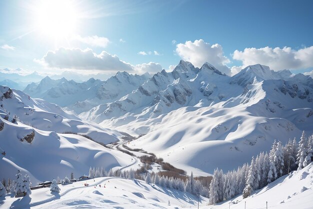 Photo the alps in winter sunny day snow ski resort stunning view from top