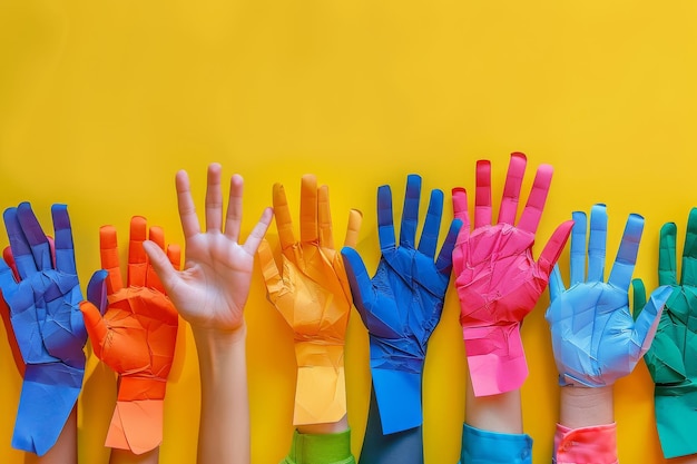 Als symbool van diversiteit en inclusie werd een collage van kleurrijke papieren handen gemaakt.