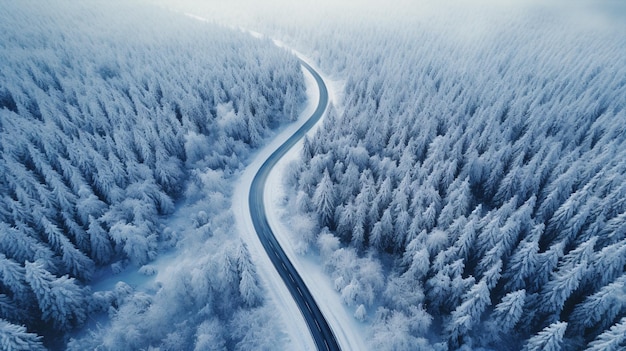 Als we van boven naar beneden kijken, zien we een kronkelende weg midden in een met sneeuw bedekt bos. Zijn pad volgt de bochten van de natuur.