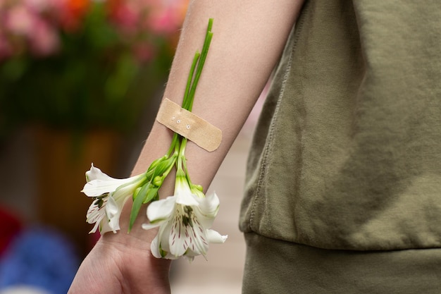 Alstroemeria bevestigd aan een hand met gipsbanden Natuurlijke frisheid en vrouwenhand Handencosmetica met witte bloemplakpleister