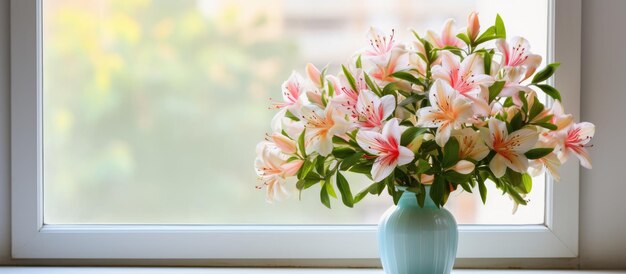 花瓶のある窓辺のアルストロメリアの花