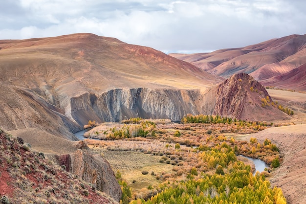 Altai republiek. vallei en bergen met een rivier dichtbij het dorp kokorya. siberië. rusland