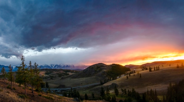 Altai Ukok plateau Beautiful sunset with mountains