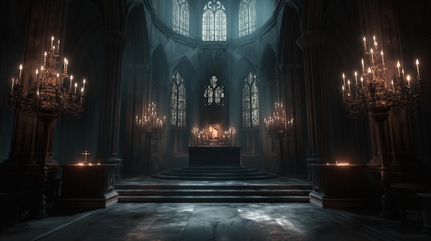 Altar in a dark gloomy Catholic cathedral surrounded by shadows casting an eerie and somber atmosphere