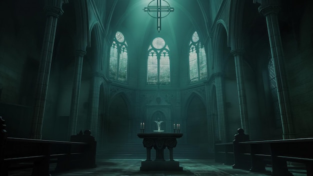 Altar in a dark gloomy Catholic cathedral surrounded by shadows casting an eerie and somber atmosphere