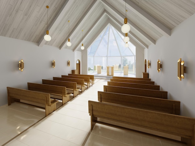 木製のベンチと大きなアトリウムの窓がある祭壇と触媒教会の内部