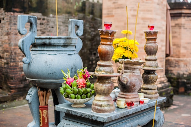 Photo altar for prayer at a buddhist temple of po nagar cham towers