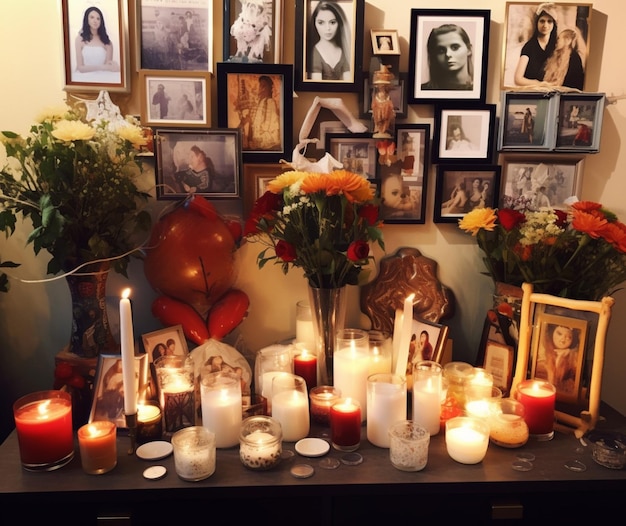 An altar with candles flowers and photos of loved