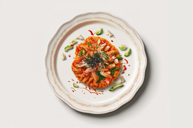 흰 접시에 있는 알타리무 무 김치 한국 요리