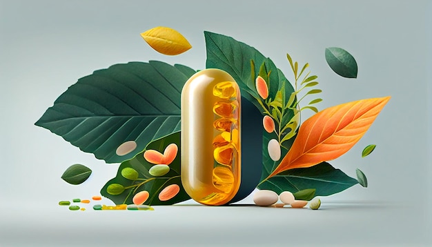 Foto alternatieve geneeswijzen biologische kruidencapsules met vitamine e omega 3 visoliemineralen en medicijnen met kruidenbladeren zijn natuurlijke supplementen voor een gezond en gelukkig leven generatieve ai