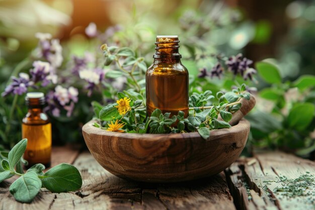 Alternatieve gezondheidszorg verse kruiden en fles aromatherapie in mortel op houten achtergrond