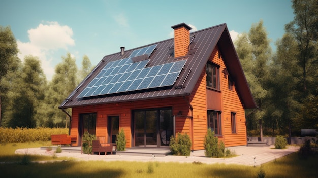 Foto alternatieve groene energie zonnepanelen op het dak van het huis generatieve ai