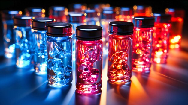 과학적 분석 을 위한 실험실 환경 에서 파란색 과 빨간색 액체 로 가득 찬 병 들 을 번갈아 놓는 것