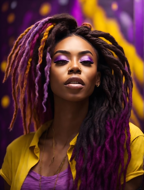 Alternative black woman smiling illustration purple yellow dreadlocks happiness positivity diversity