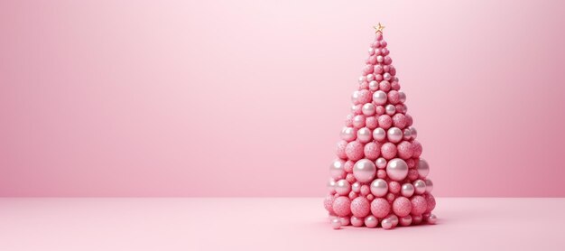 Alternative christmas tree made of baubles on pink background new year banner with copy space