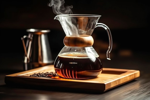 An alternative coffee brewing method is pure over a glass teapot on a wooden tray Generative AI