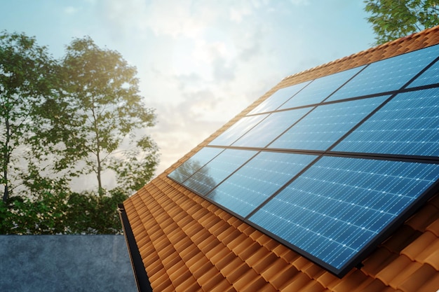 사진 집 지붕에 설치된 친환경 태양광 패널, 광전지 패널
