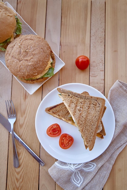 Alternative food healthy vegan burgers with plantbased cutlets and sandwiches with oyster mushrooms Healthy lunch appetizer