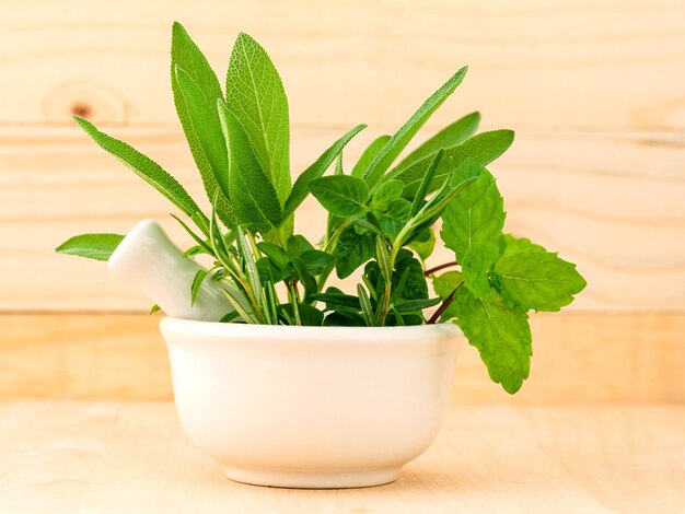 Alternative health care fresh herbal in white mortar on wooden background.