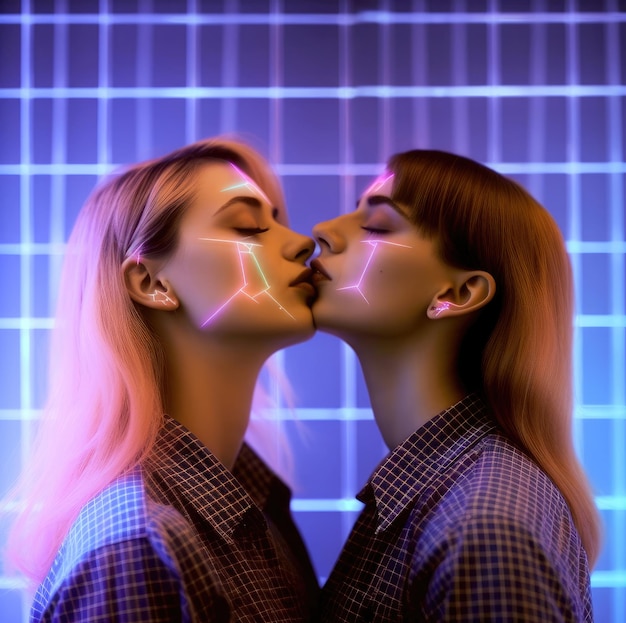 Фото Альтернативно выглядящая современная подростковая лесбийская пара, целующаяся в школе, генеративный искусственный интеллект