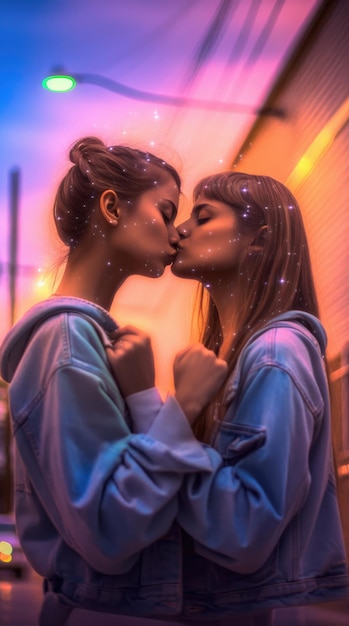 代替的に見える現代の 10 代のレズビアン カップルが路上でキスする生成 AI