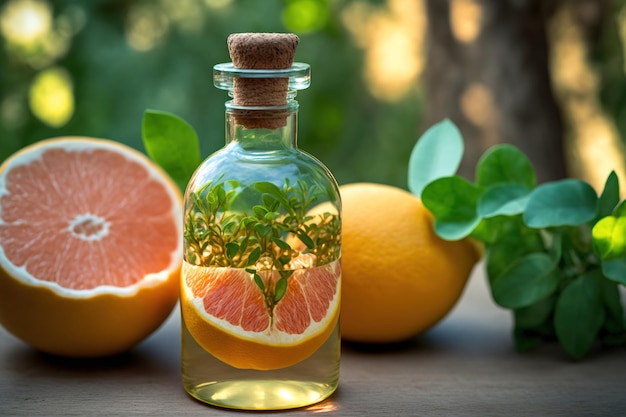 Alternative medicine Bottle of grapefruit essential oil on a wooden table with a background